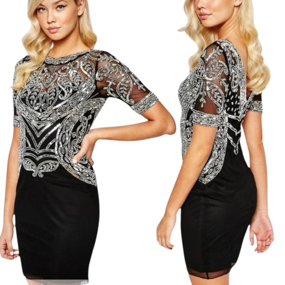 Frock & Frill‎ Mesh Embellished Bodice Pencil Dress Low Back Black Beaded Sz 4